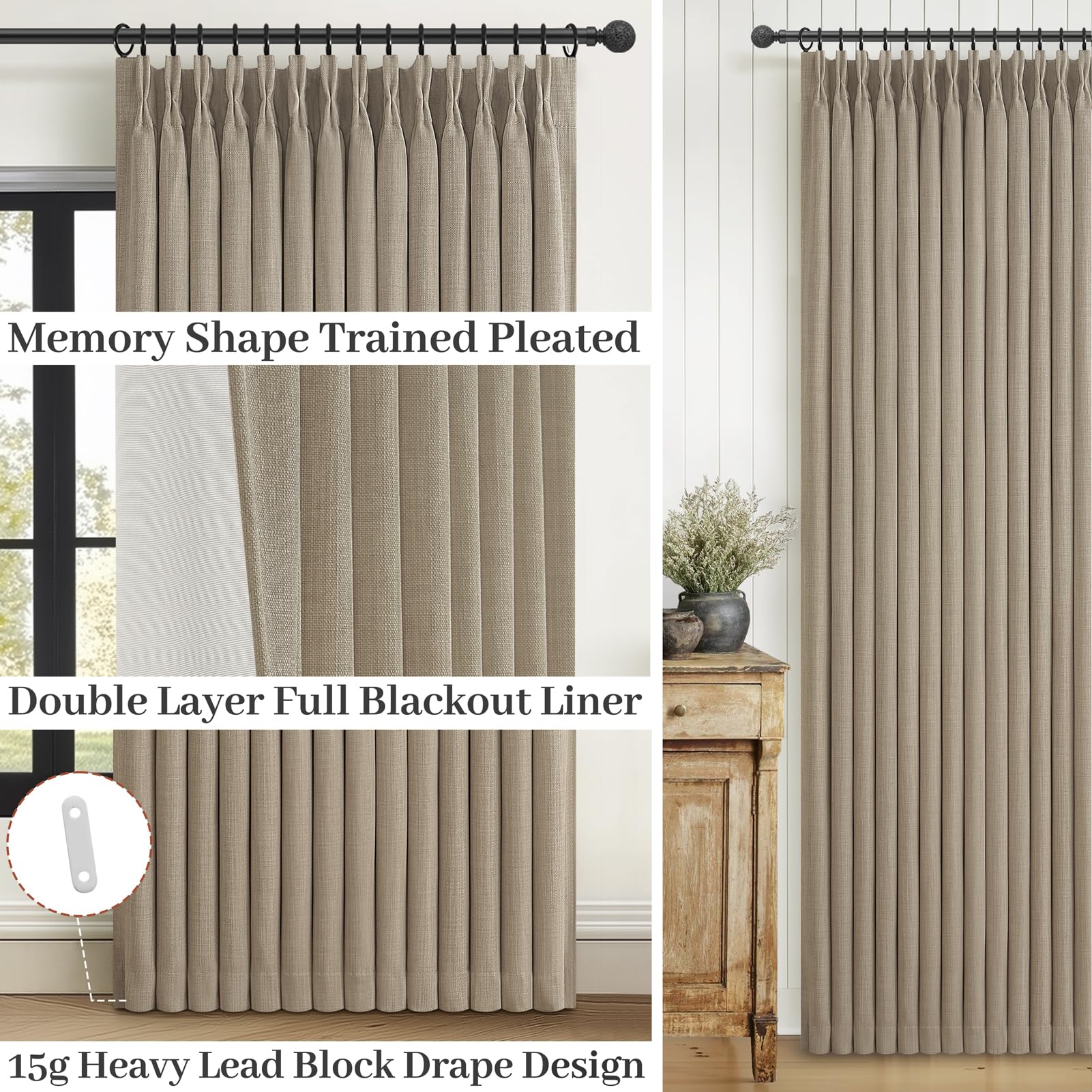 PleatedDrapes heavy-duty linen fabric adds insulation and reduces outside noise subtly.