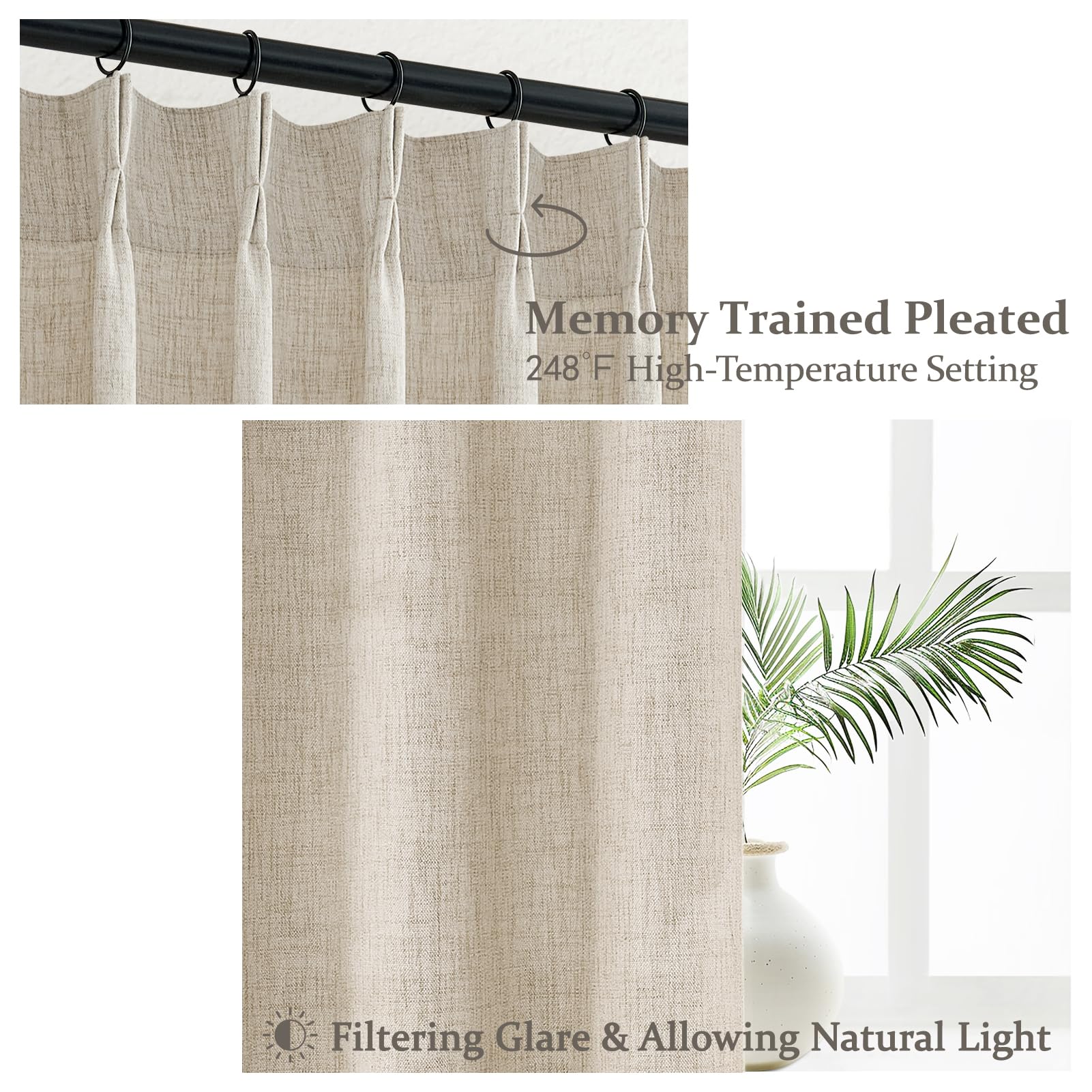 PleatedDrapes light-filtering linen blend balances privacy with daylight in a room.
