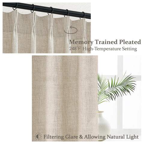 PleatedDrapes light-filtering linen blend balances privacy with daylight in a room.