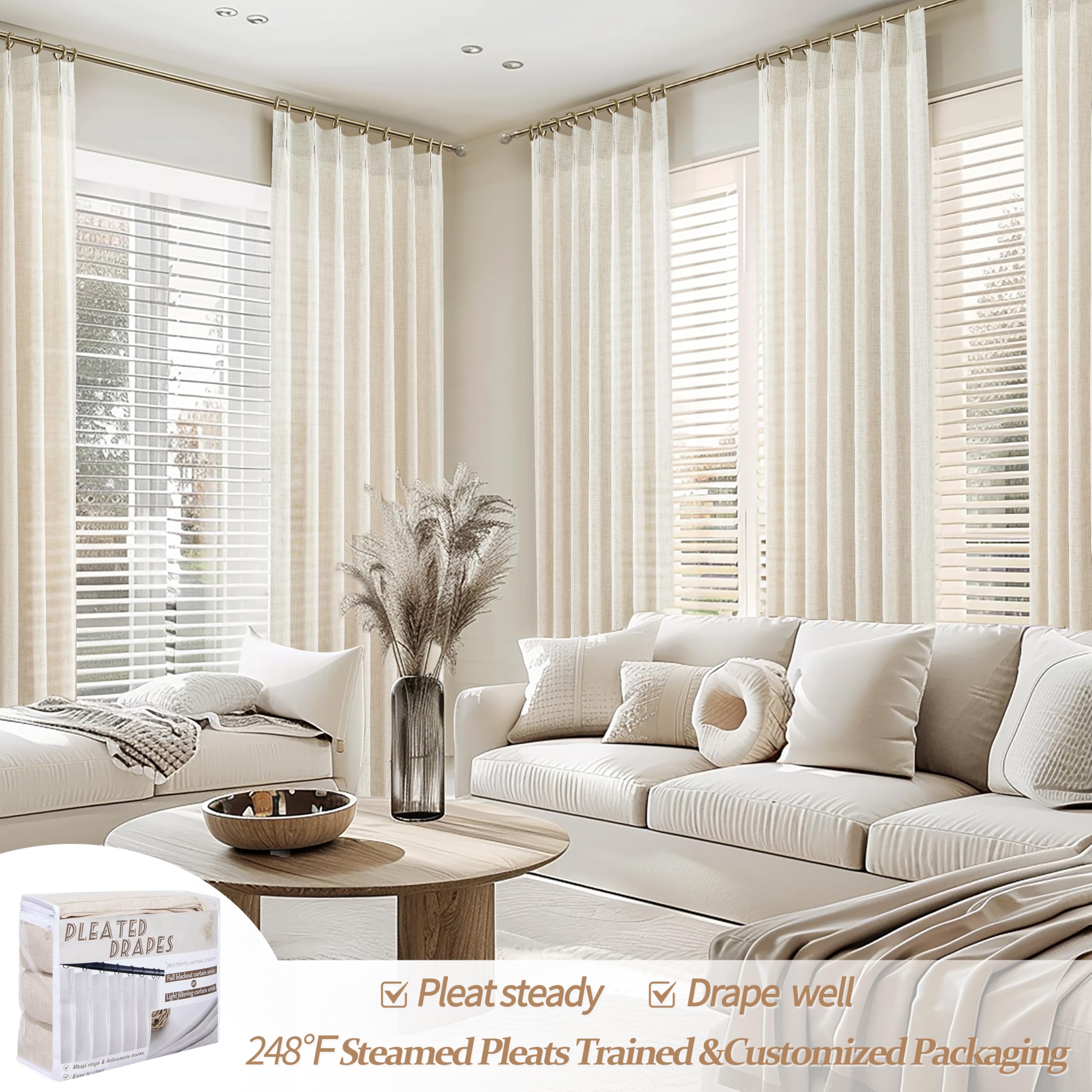 PleatedDrapes memory pleat training keeps crisp folds over time.