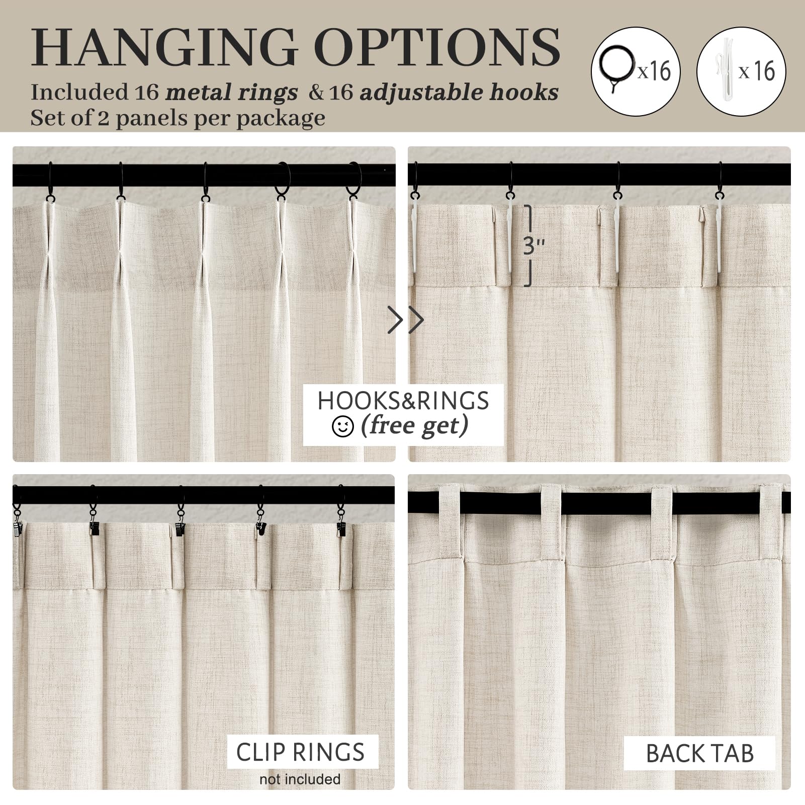 PleatedDrapes versatile hanging options fit hooks, back tab, or track systems.