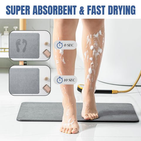 Plentio Premium Comfort Stone Bath Mat after shower demonstrates fast drying for busy mornings.