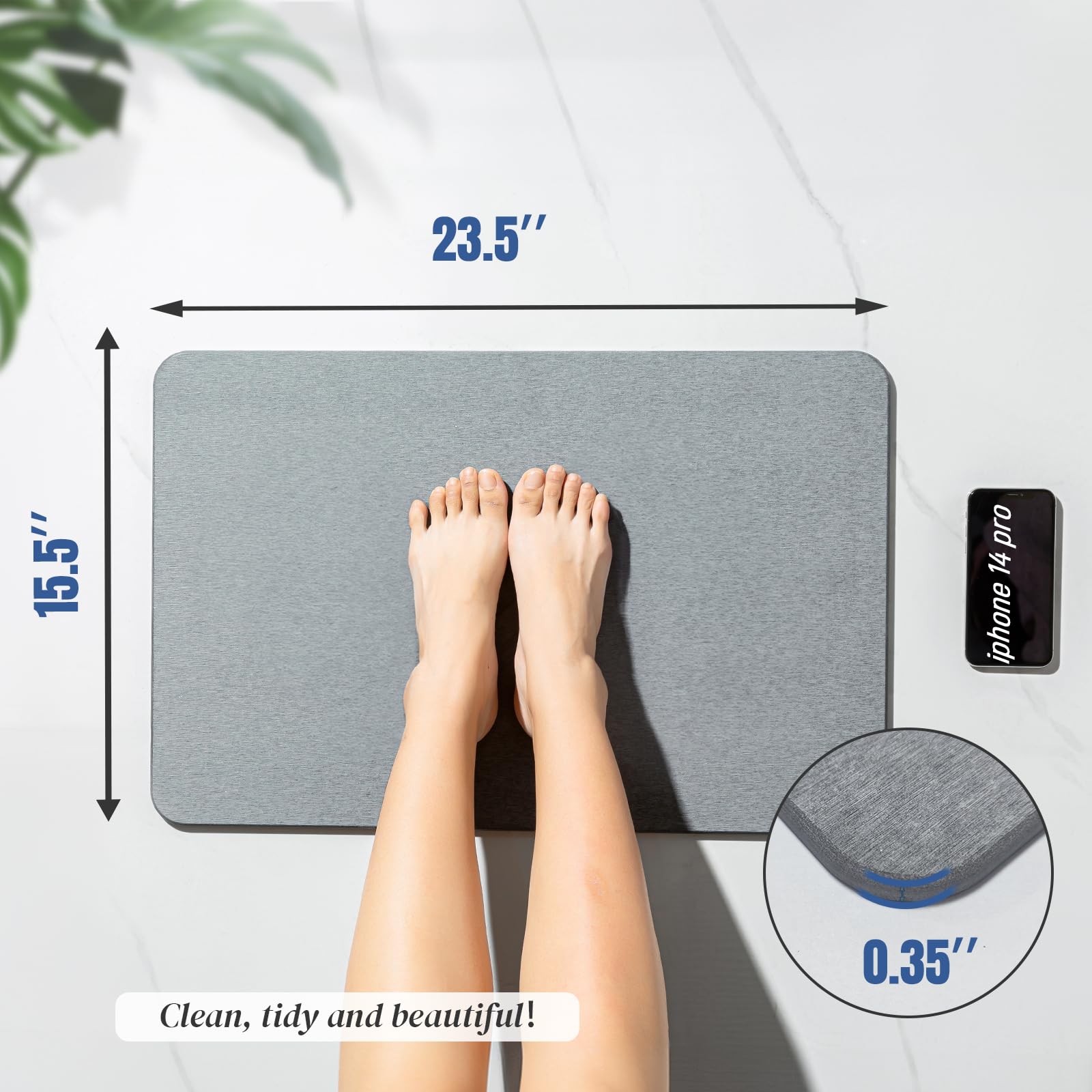 Plentio Premium Comfort Stone Bath Mat texture detail highlights stain resistance and easy cleaning.