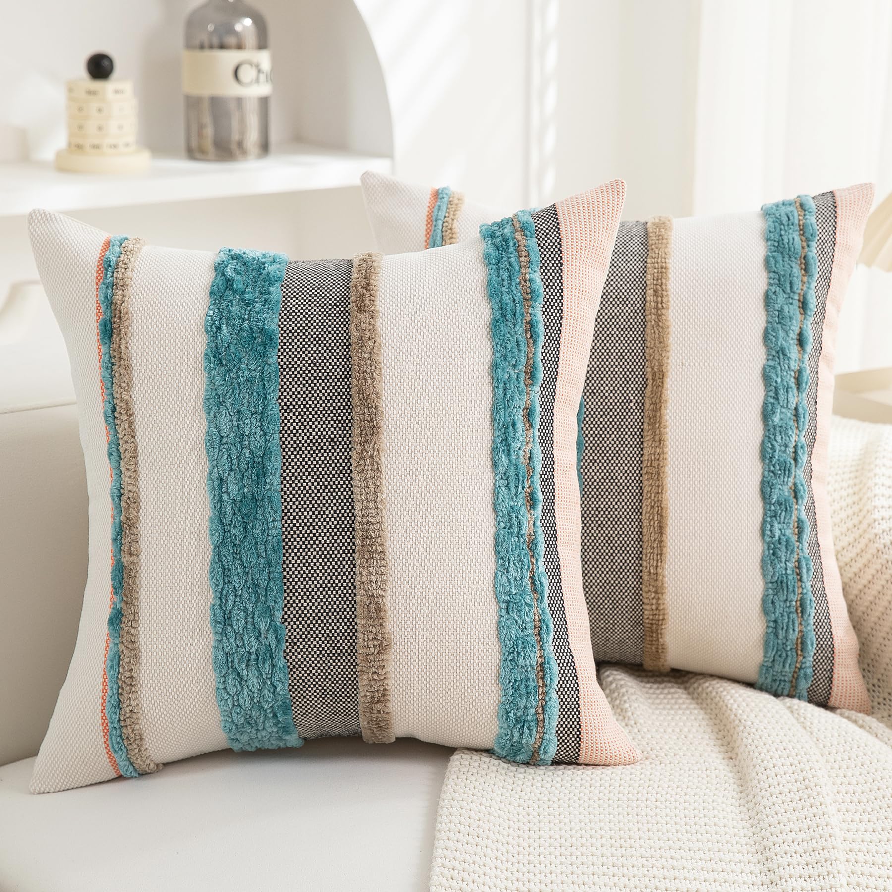 PLEPATE boho pillow cover front view teal; textured chenille for cozy seating