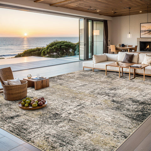 PLHXFR 8x10 area rug abstract design enhances living room ambiance.