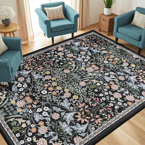 PLHXFR dark black floral rug anchors bedrooms with bold contrast