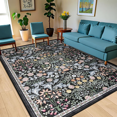 PLHXFR dark floral pattern rug for boho and farmhouse interiors.