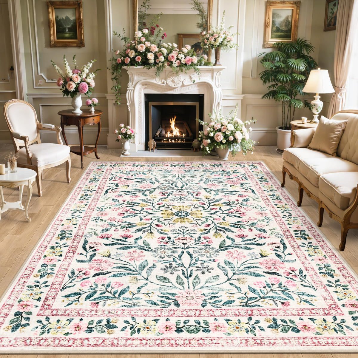 PLHXFR floral 8x10 rug design enhances living rooms with botanical motif