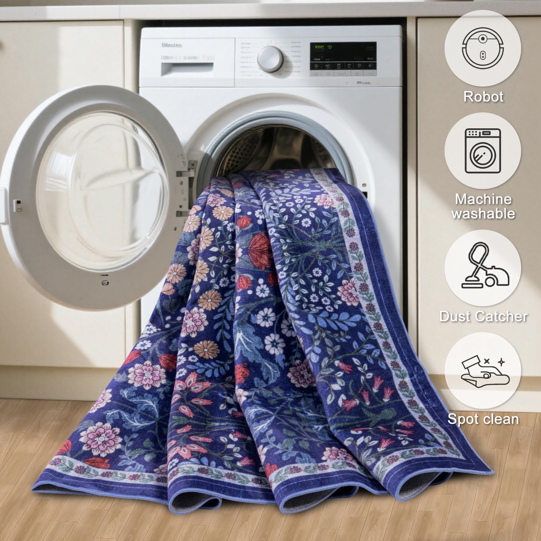 PLHXFR floral blue rug anti-slip back keeps rug in place
