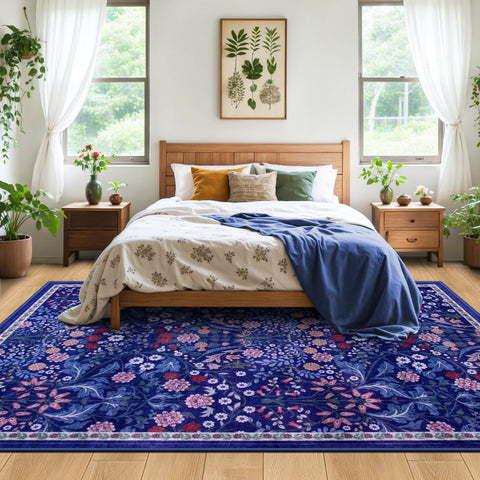 PLHXFR floral blue rug closeup pile feels ultra-soft underfoot