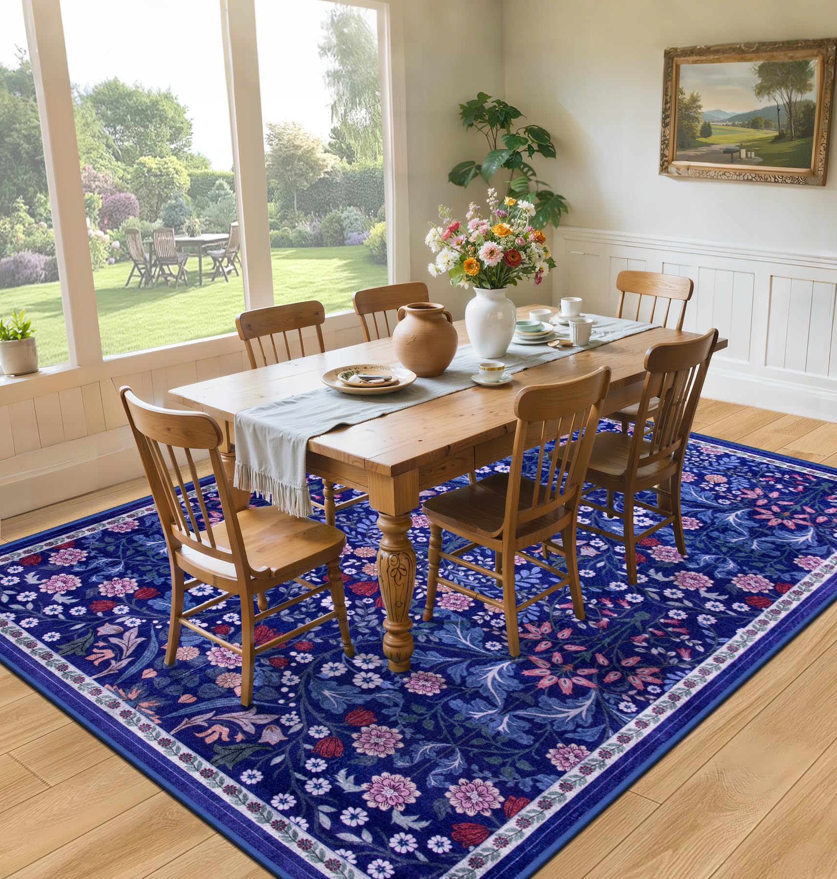 PLHXFR floral blue rug dining area complements family meals