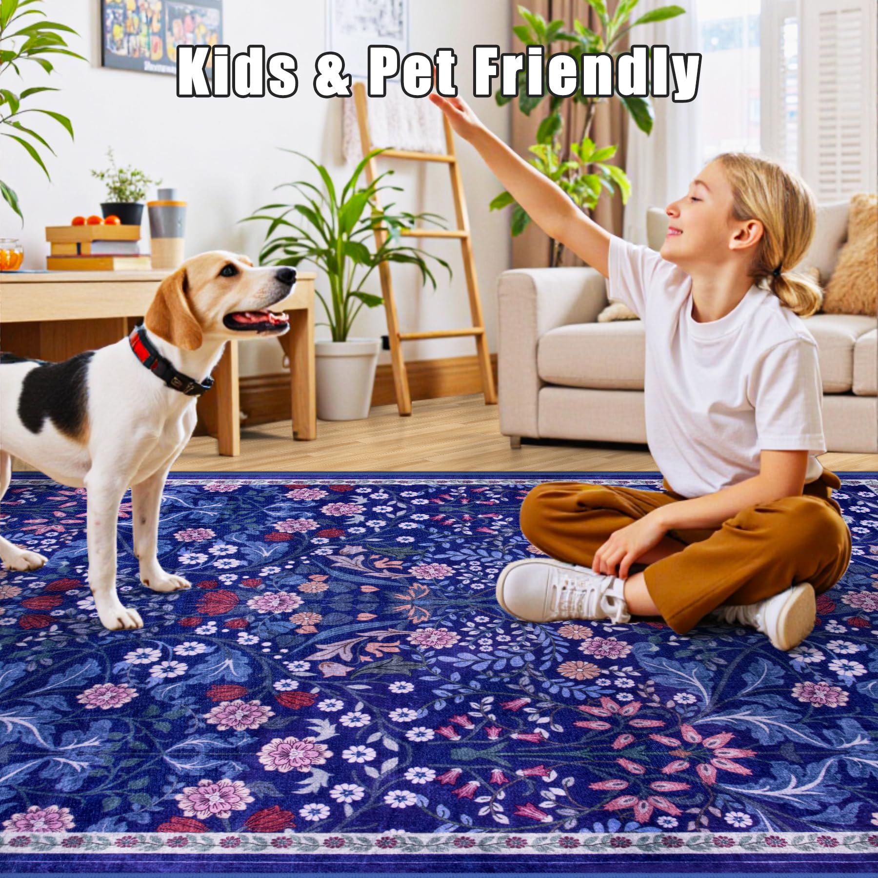 PLHXFR floral blue rug kid and pet friendly and cozy