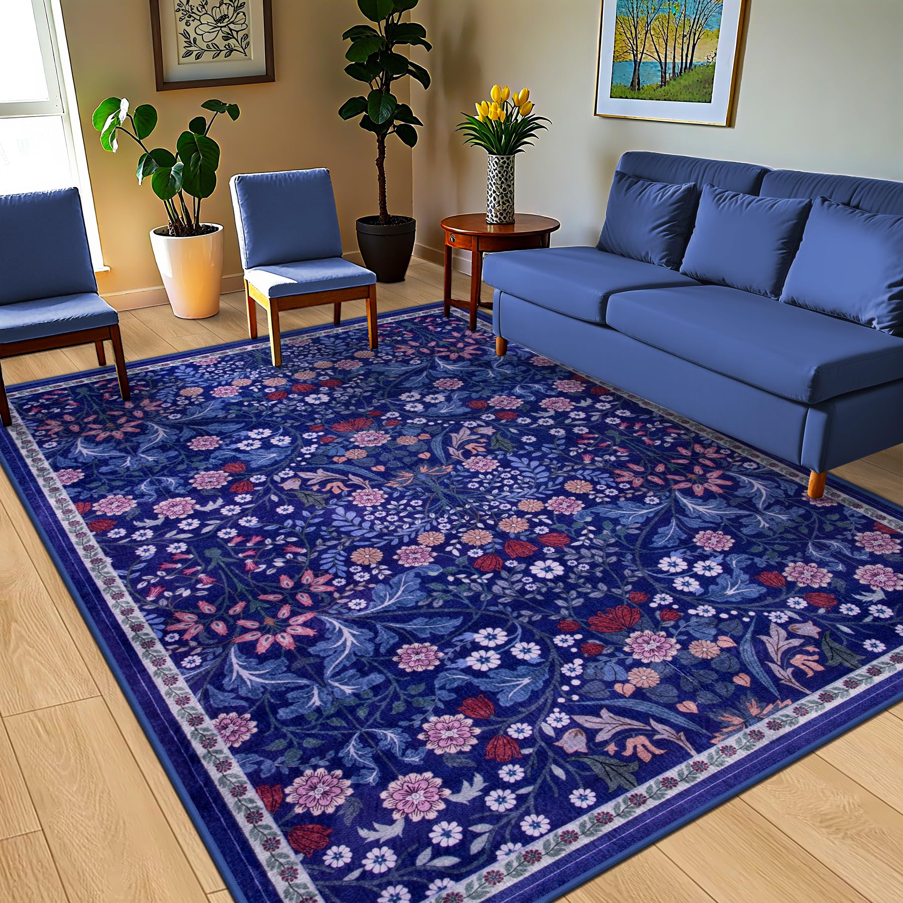 PLHXFR floral blue rug living room angle adds soft warmth and noise dampening