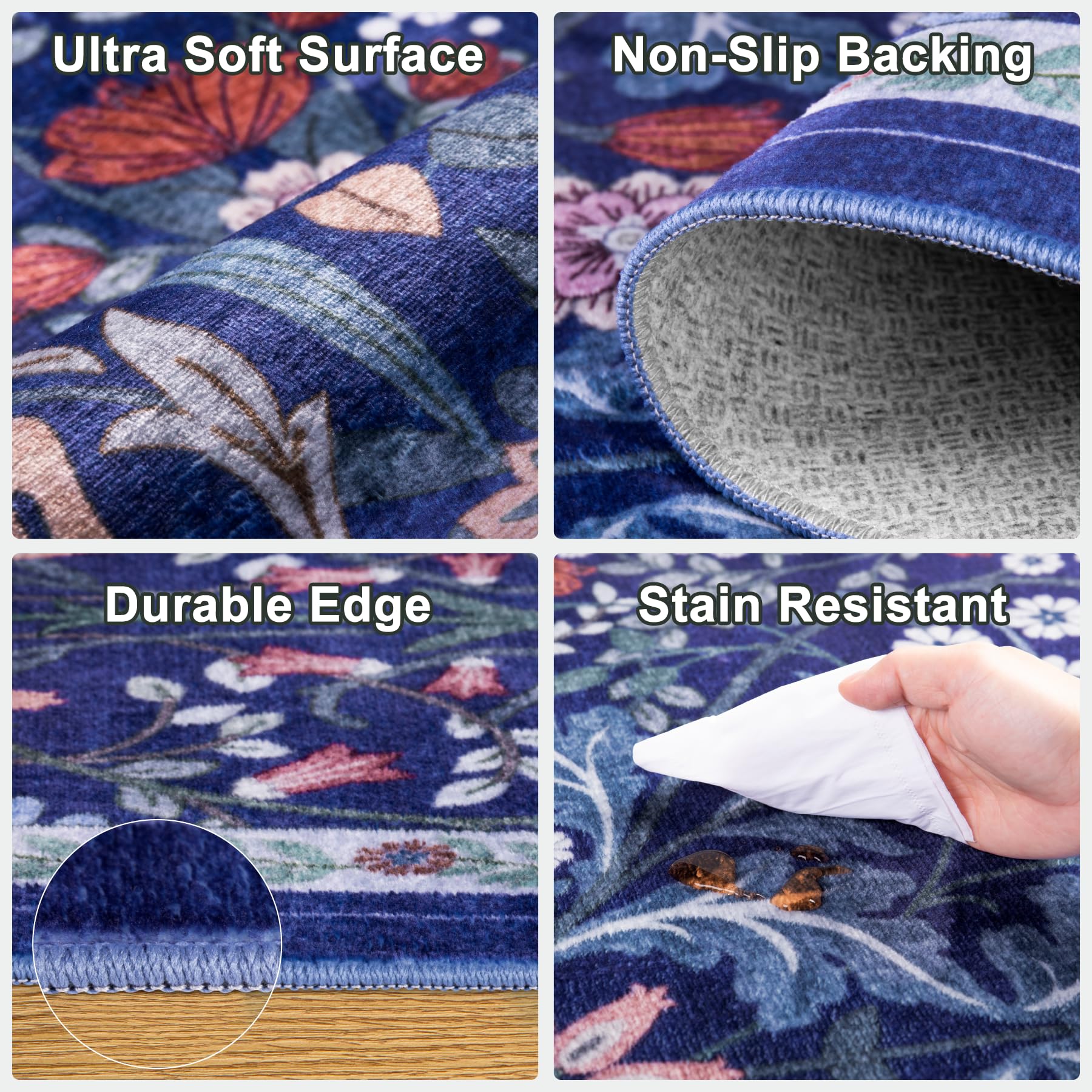 PLHXFR floral blue rug machine washable for easy cleaning