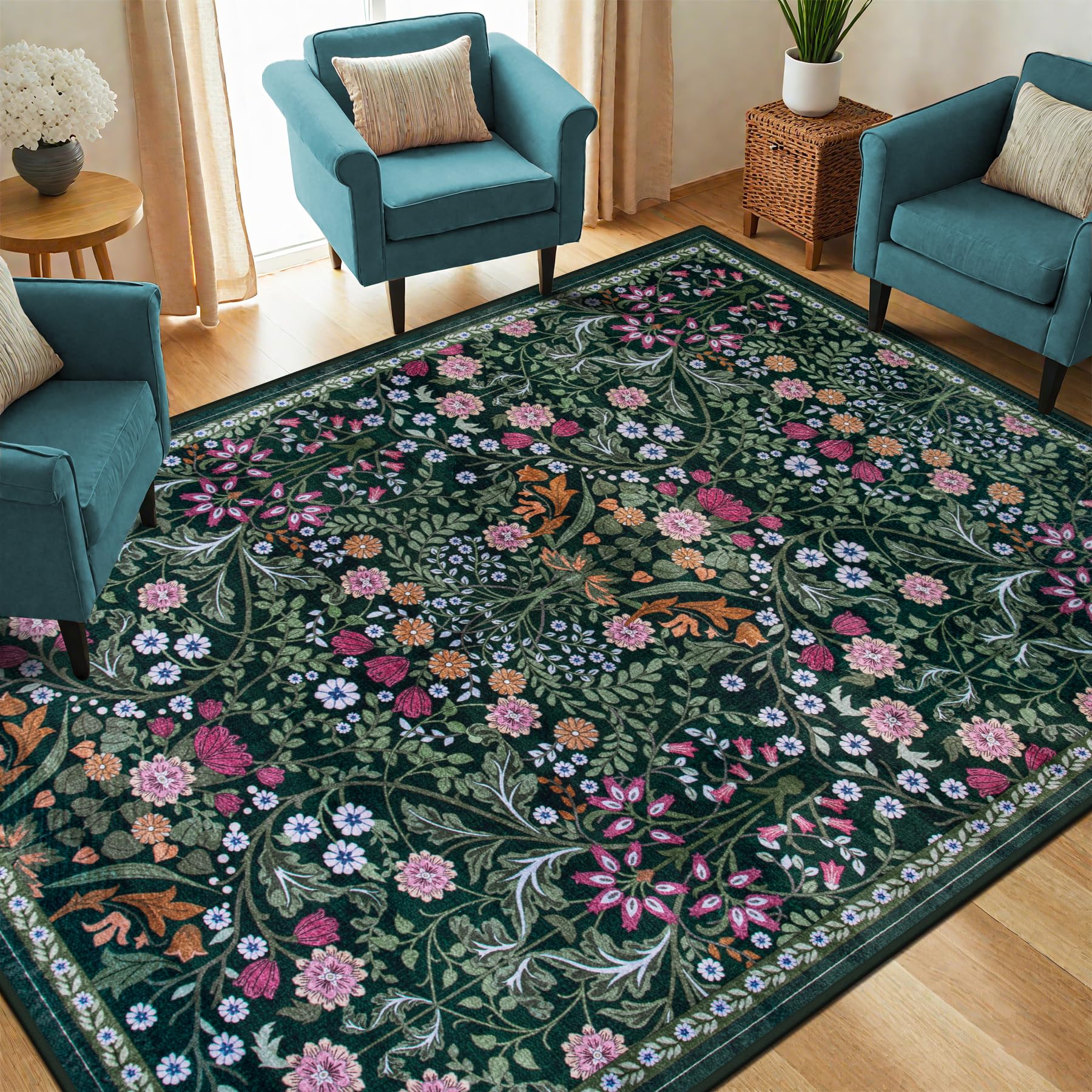 PLHXFR Floral Rug in a dining room setting under the table for versatile styling
