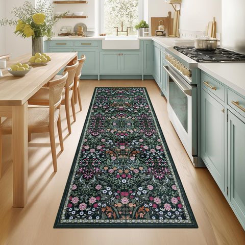 PLHXFR runner rug entryway with dark green floral pattern adds timeless charm.