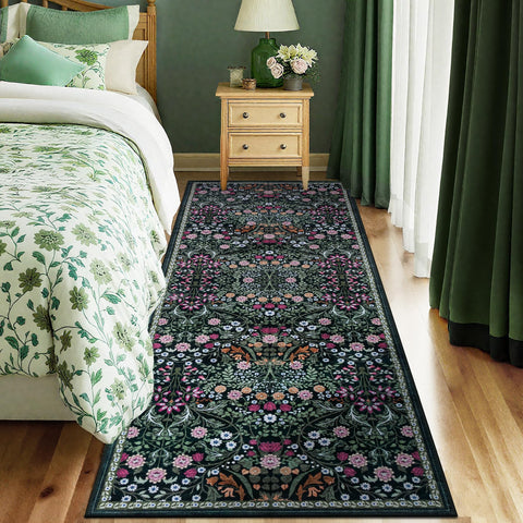 PLHXFR floral dark green rug adds vibrant style to hallways and living areas.