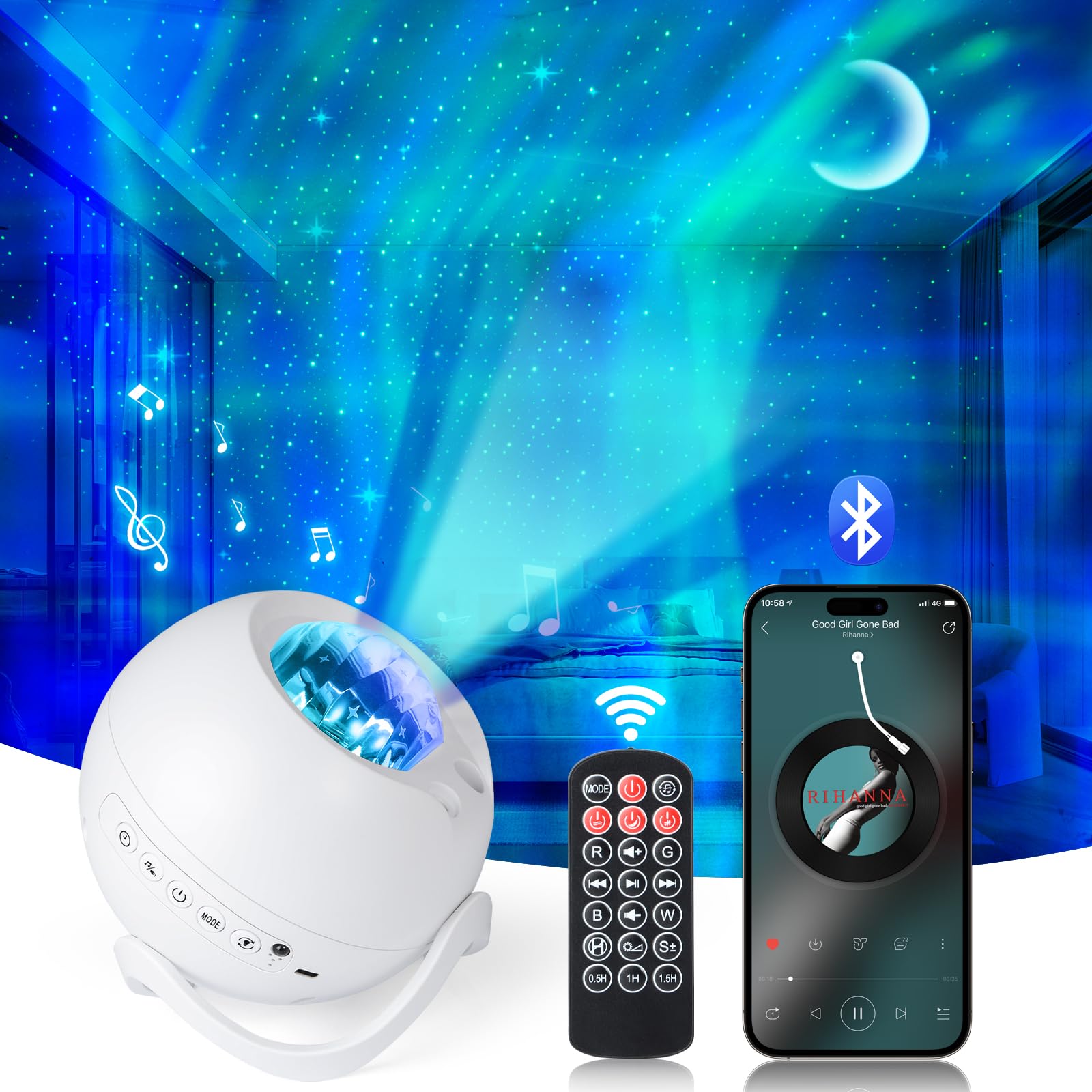 Plomixius Northern Galaxy Projection with aurora visual creates a calming bedroom ambiance