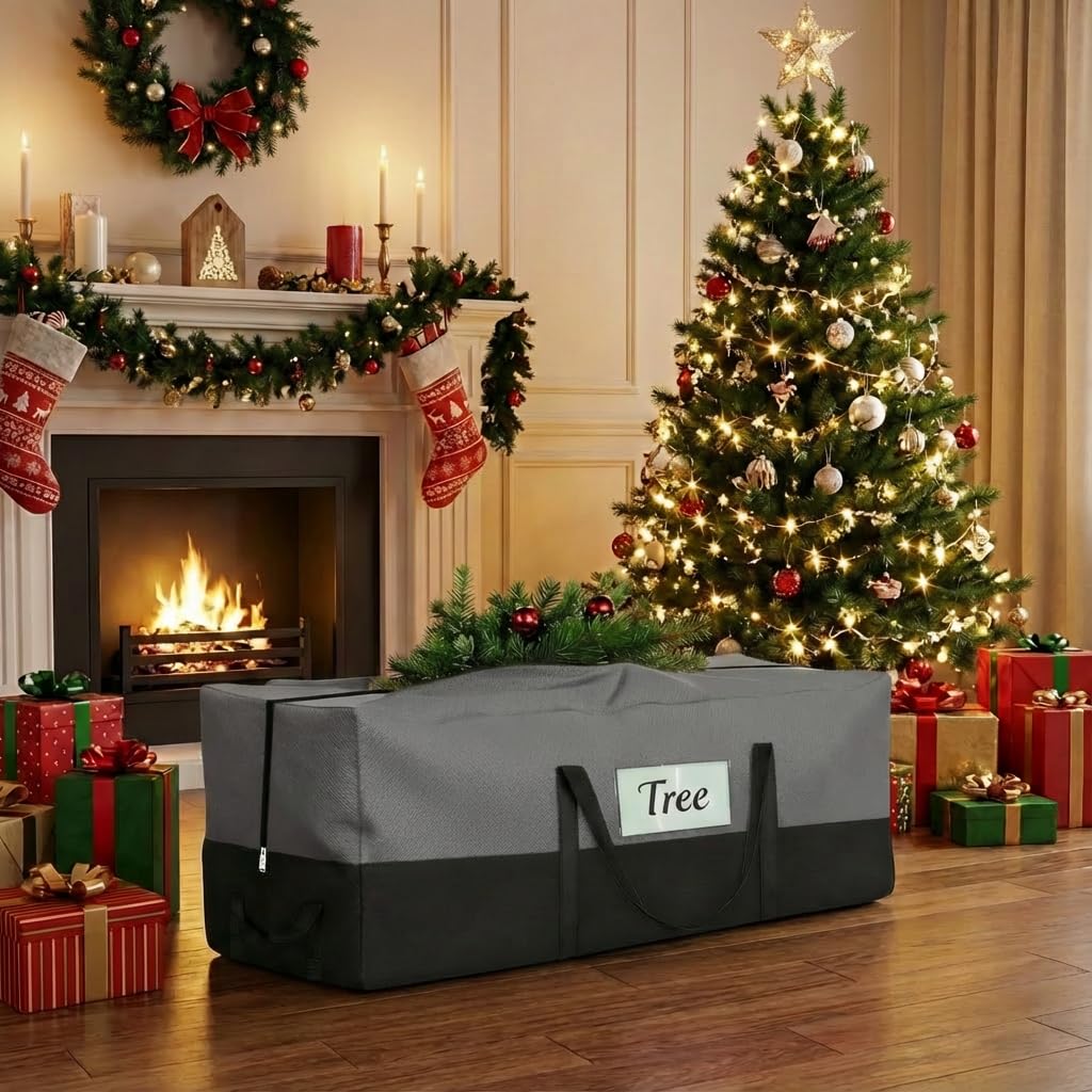PLTCAT Christmas tree storage bag side view with secure zipper for easy access.