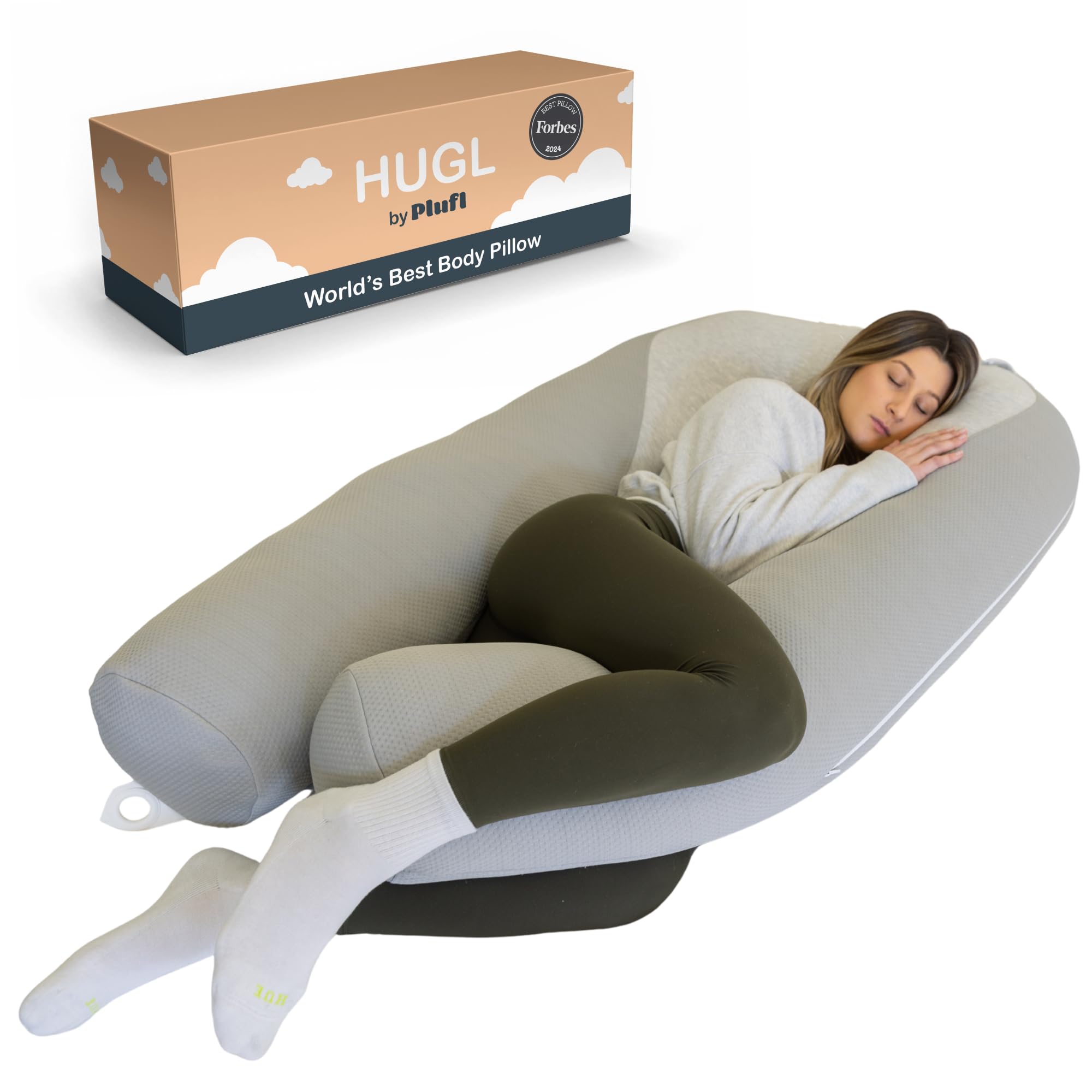 Plufl Hugl cooling body pillow closeup with soft cover and cooling feel.