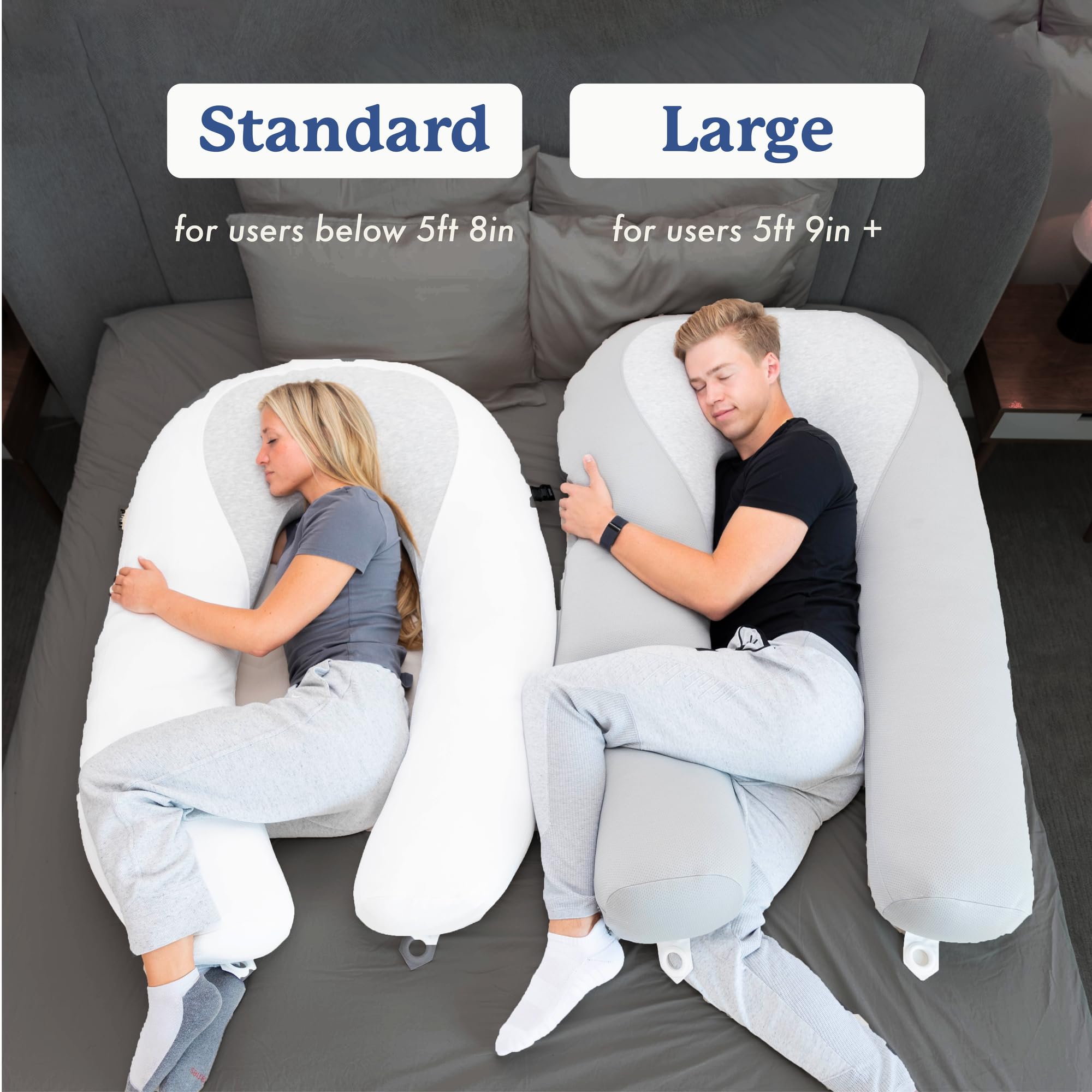 Plufl Hugl side sleepers in use for spine alignment.