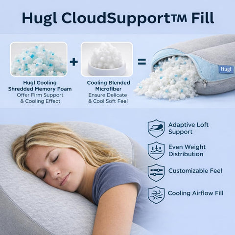 Plufl Hugl U-shaped design closeup demonstrates ergonomic side-sleeper support.