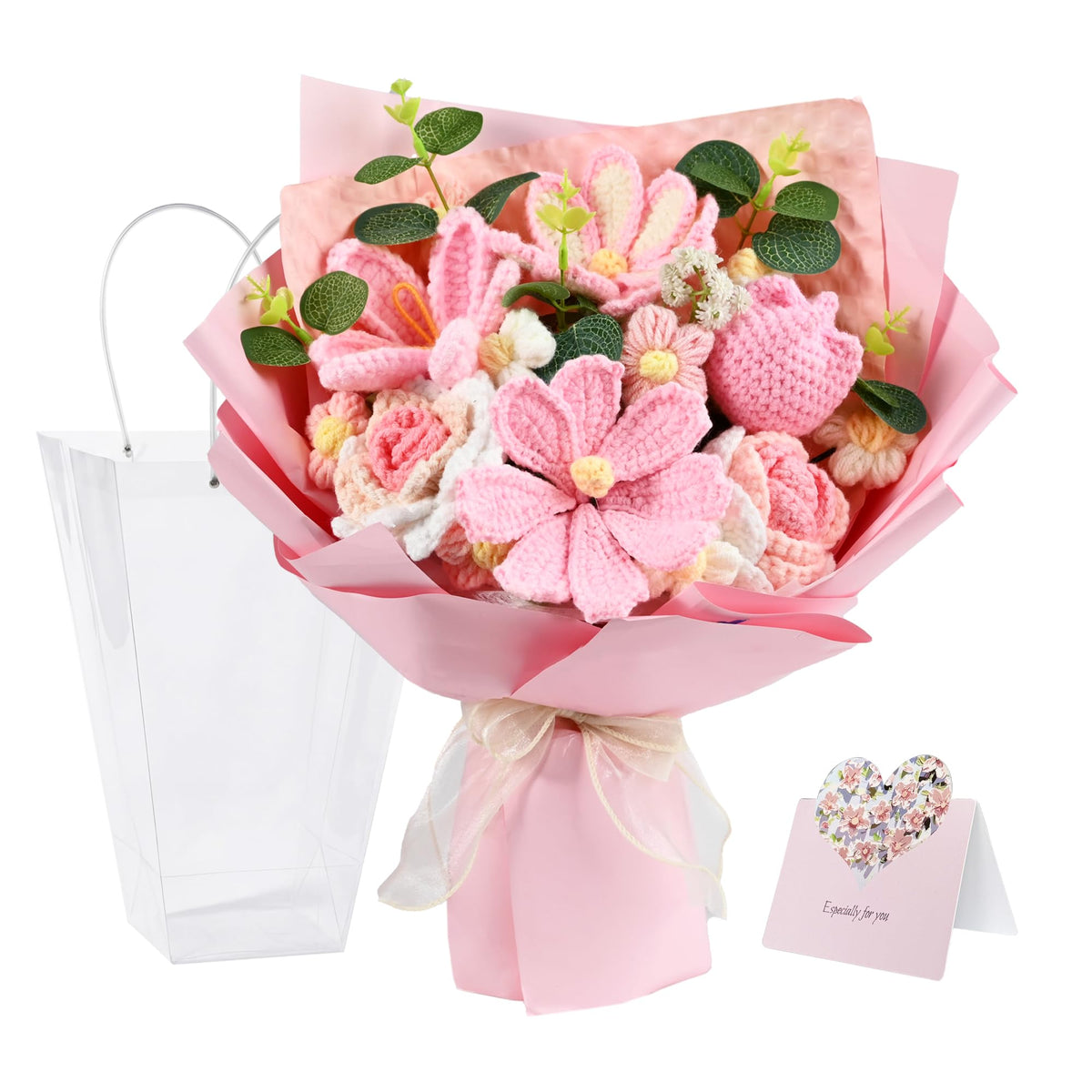 Plukers 18Pcs crochet bouquet in soft pinks for durable home decor keepsake