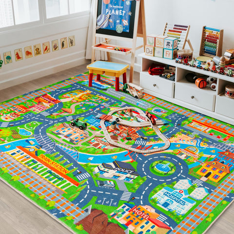 Plumlik Car Rug Play Mat with vibrant city skyline for imaginative play.