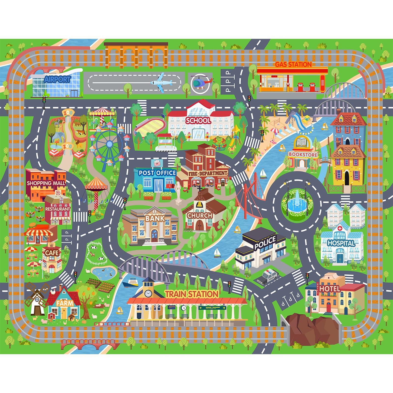 Plumlik car rug play mat shows busy intersections to teach traffic flow through play.