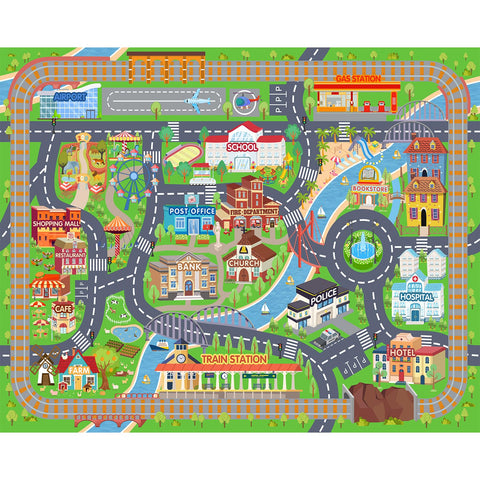 Plumlik car rug play mat shows busy intersections to teach traffic flow through play.