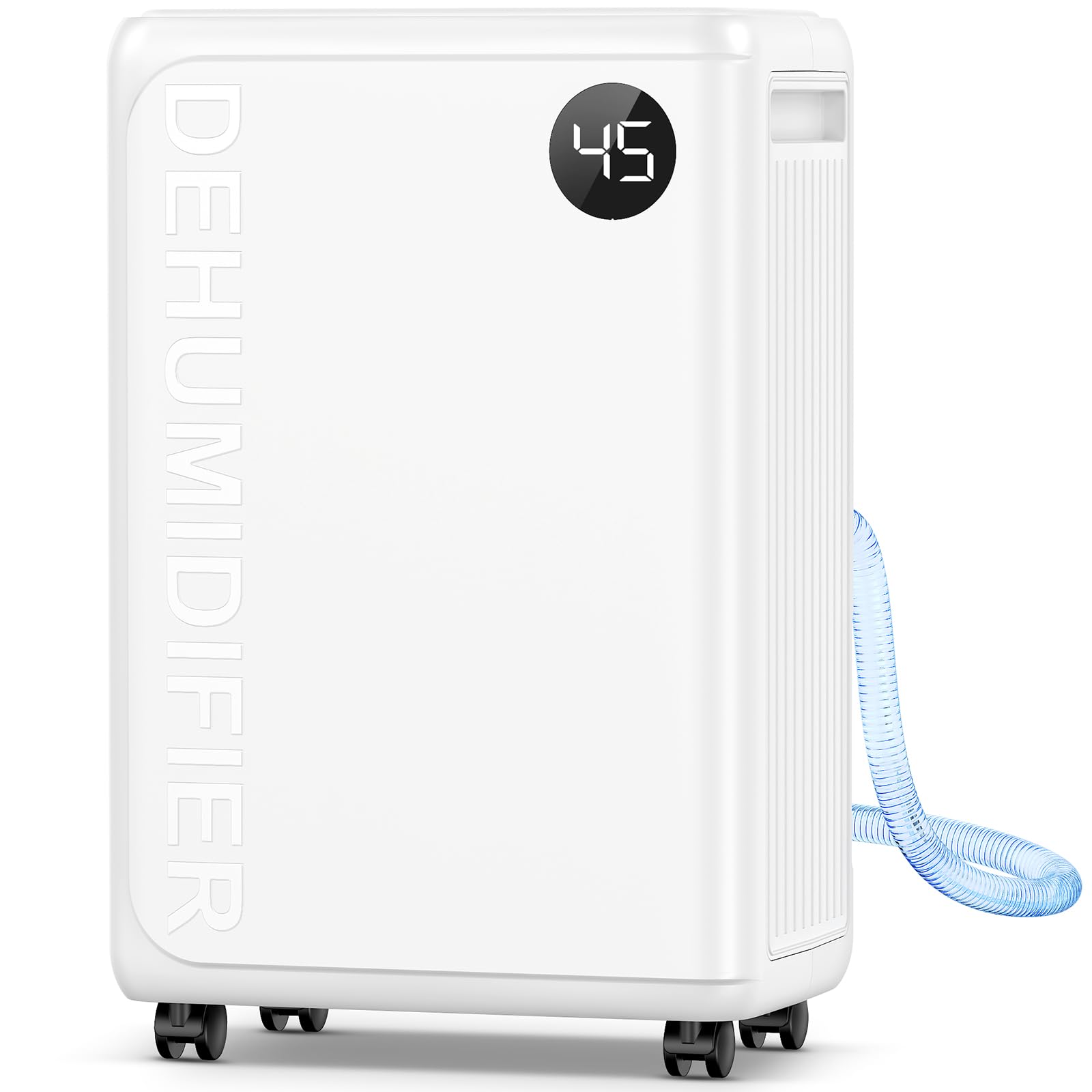 PLUSCENT 32-pint dehumidifier in basement setup reduces dampness and protects items
