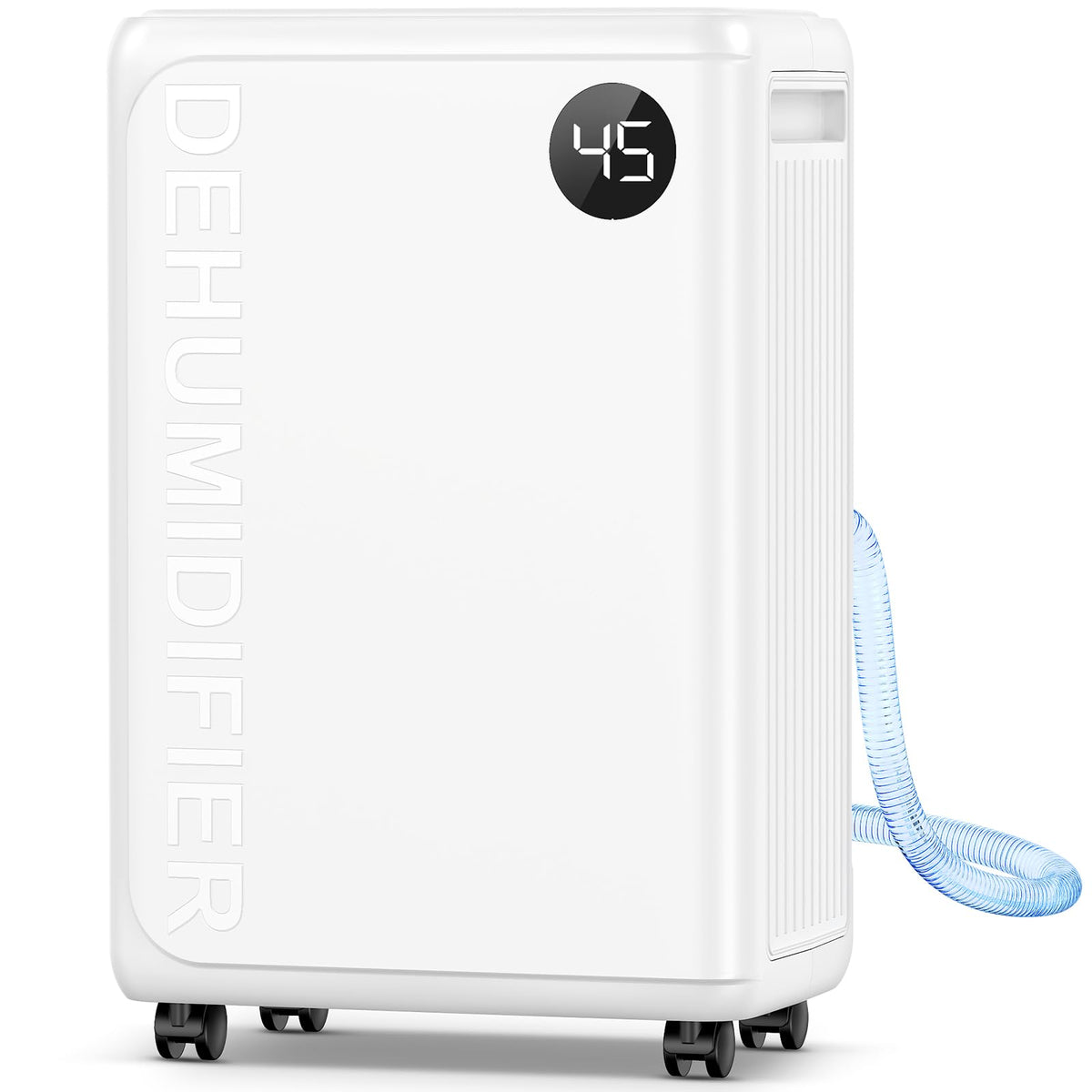 PLUSCENT 32-pint dehumidifier in basement setup reduces dampness and protects items