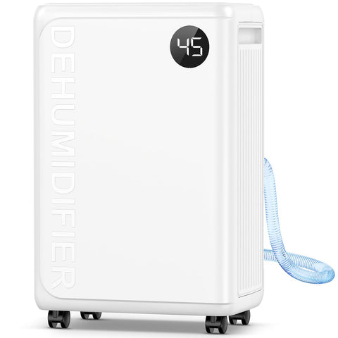 PLUSCENT 32-pint dehumidifier in basement setup reduces dampness and protects items