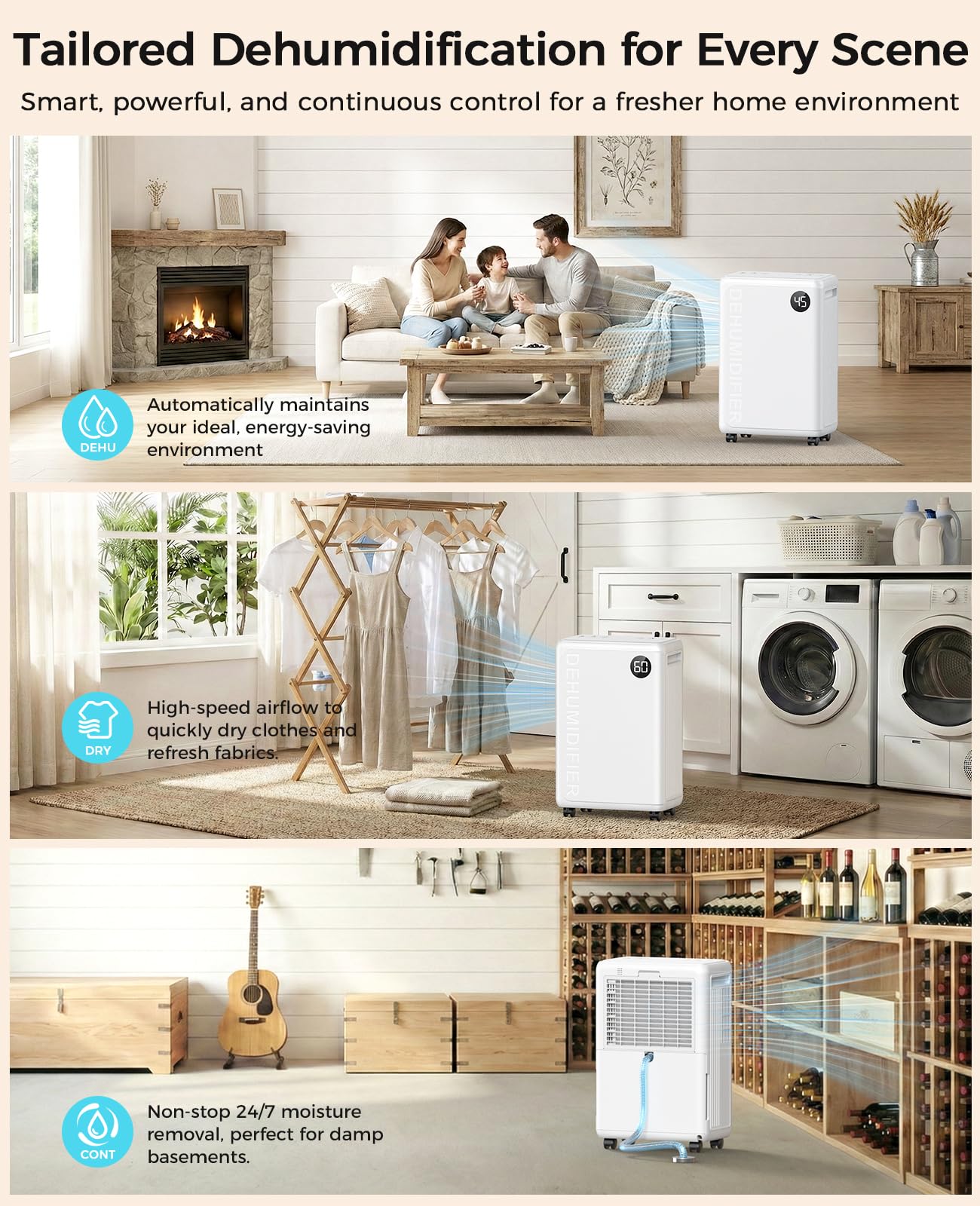 PLUSCENT dehumidifier with touch-screen control for easy mode selection