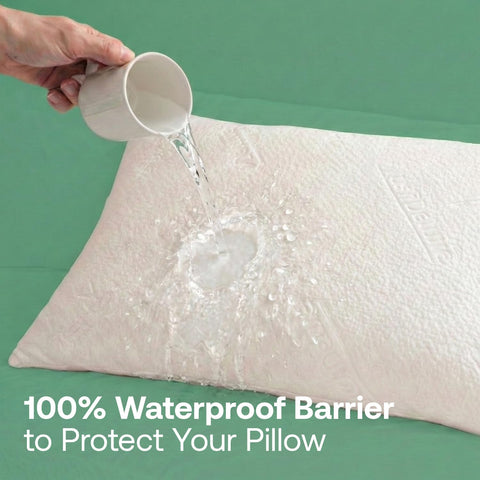PlushDeluxe dust mite barrier image emphasizes allergy-friendly shield around pillow.