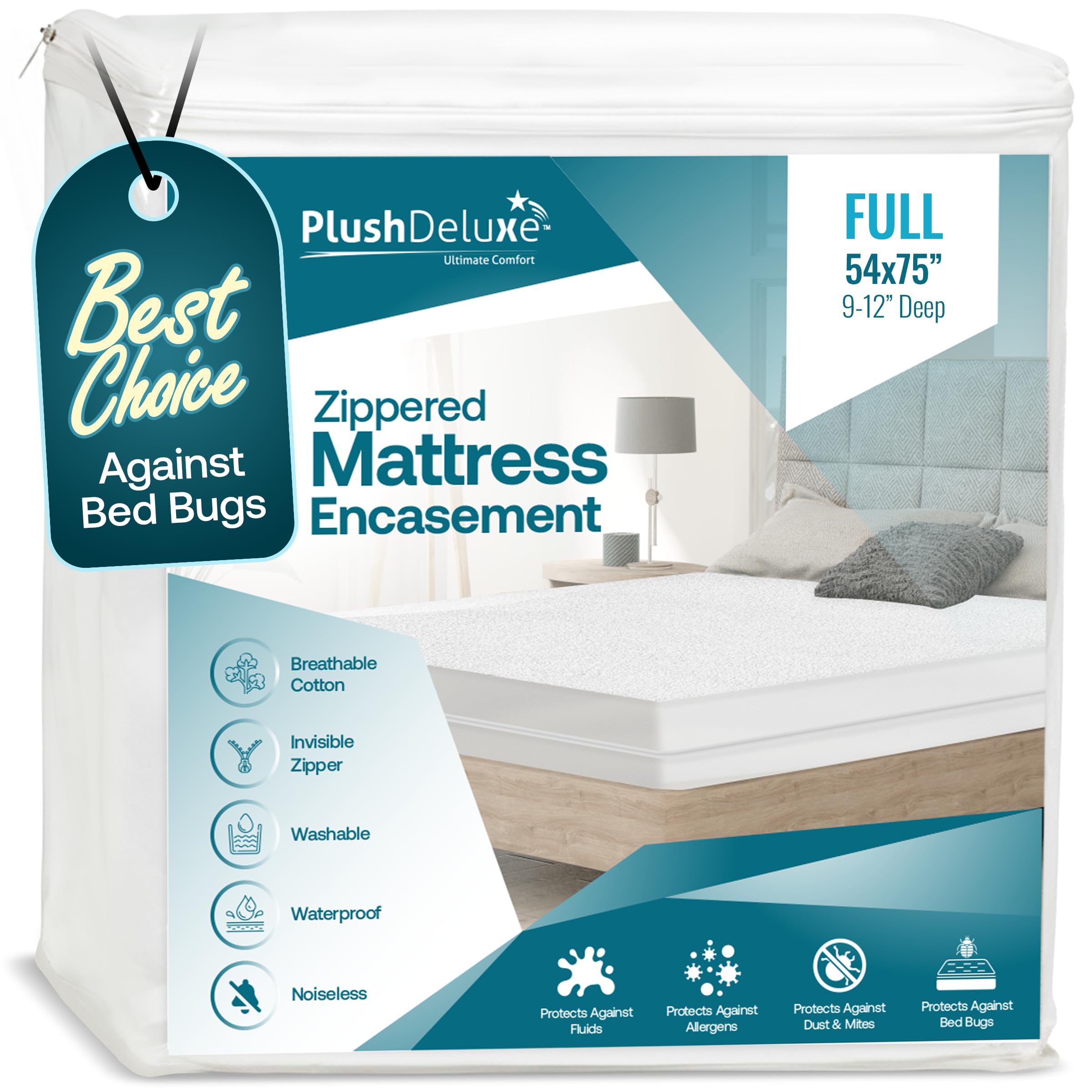 PlushDeluxe full-size mattress encasement with zippered waterproof seal for a clean, dry sleeping surface.