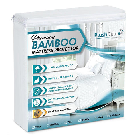PlushDeluxe bamboo mattress protector for queen shows ultra-soft surface for comfort