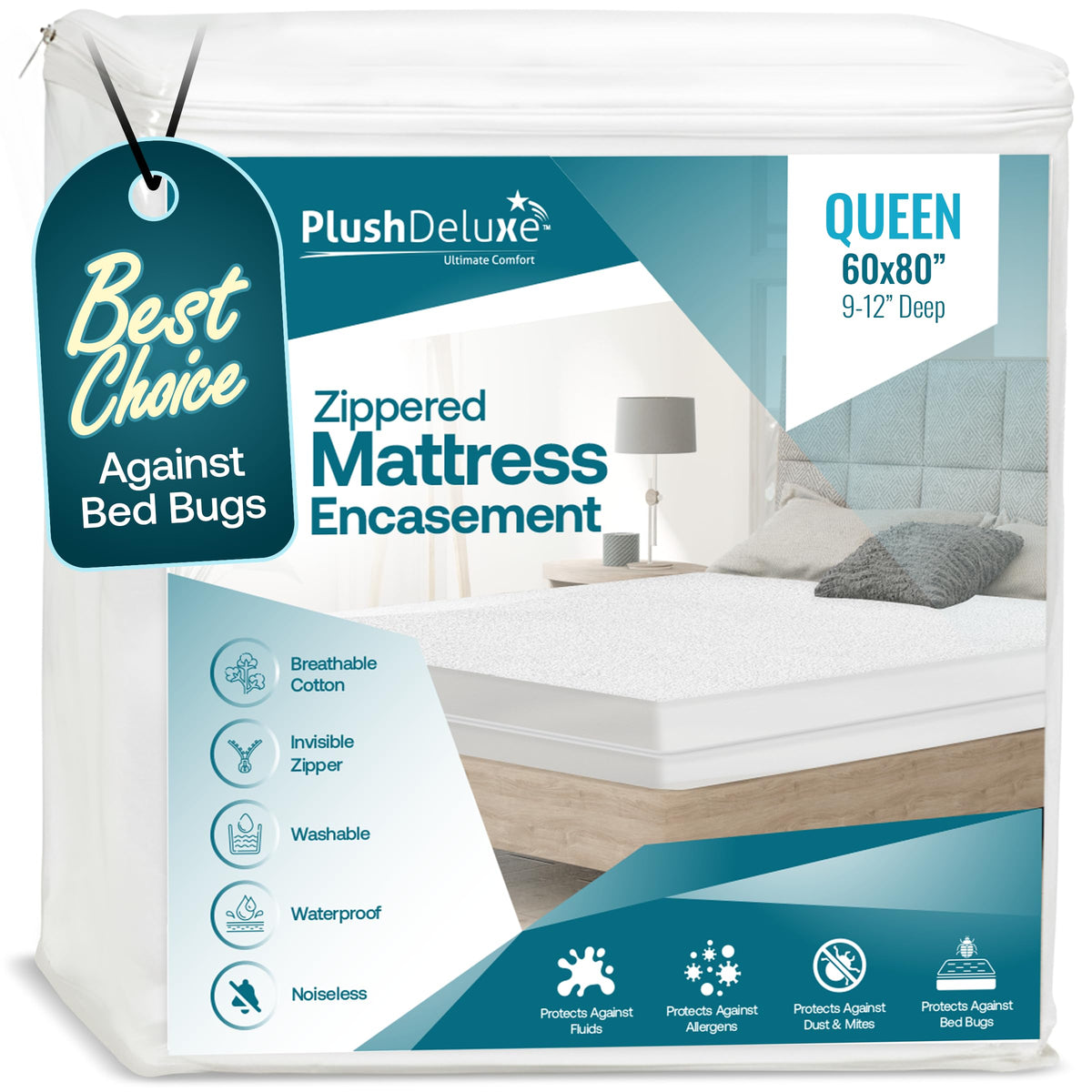 PlushDeluxe queen encasement provides six-sided waterproof protection for a cleaner mattress.