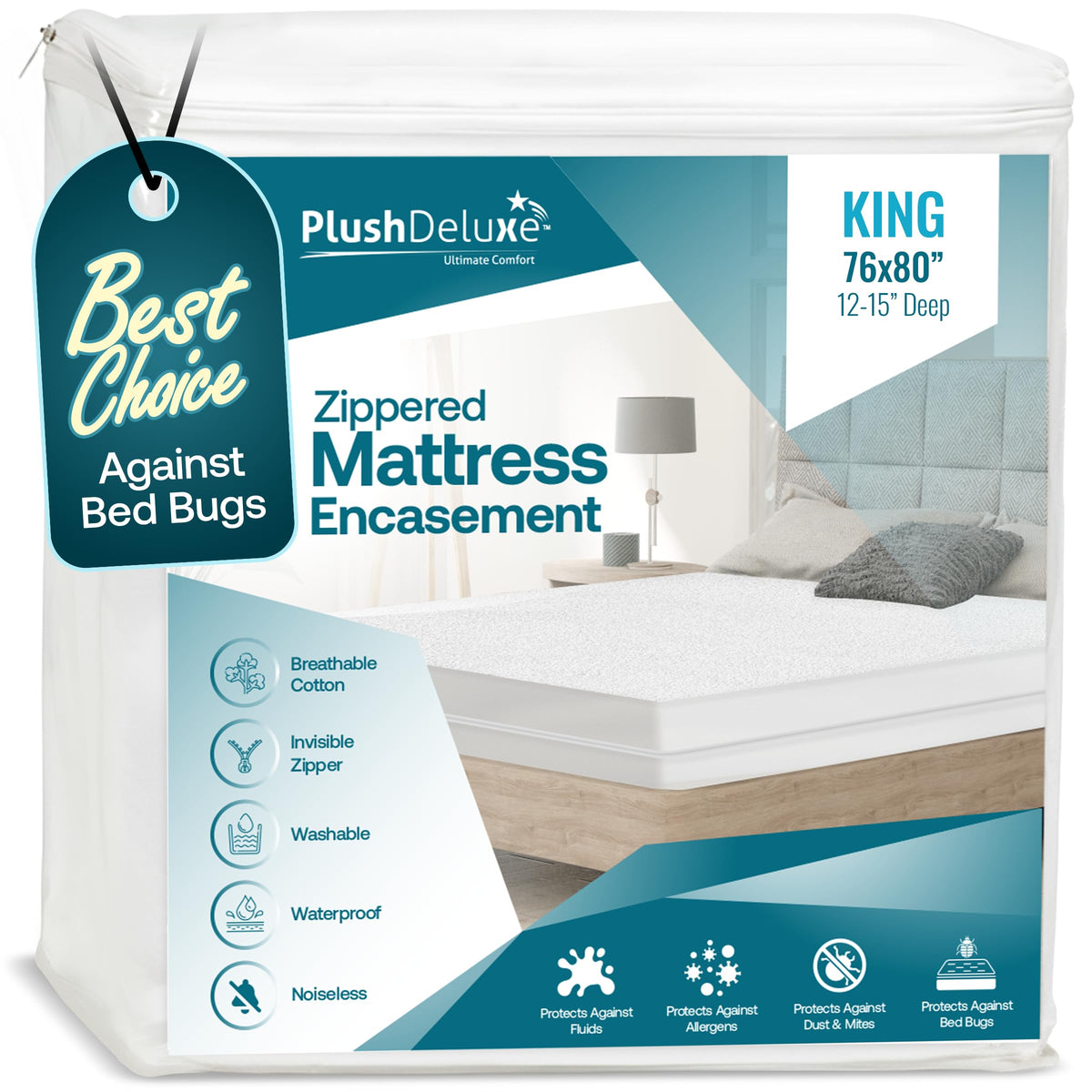 PlushDeluxe king waterproof encasement protects the entire mattress from spills and stains.