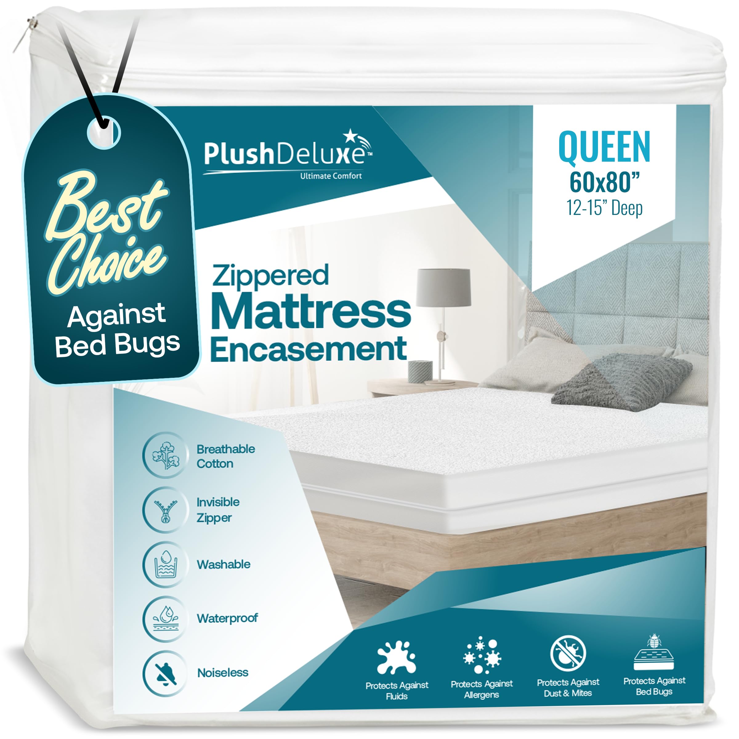 PlushDeluxe waterproof mattress encasement on queen bed protects against spills.