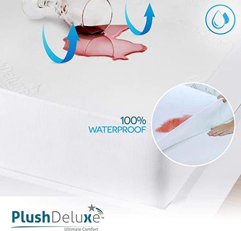PlushDeluxe waterproof mattress protector layer highlighting spill protection.