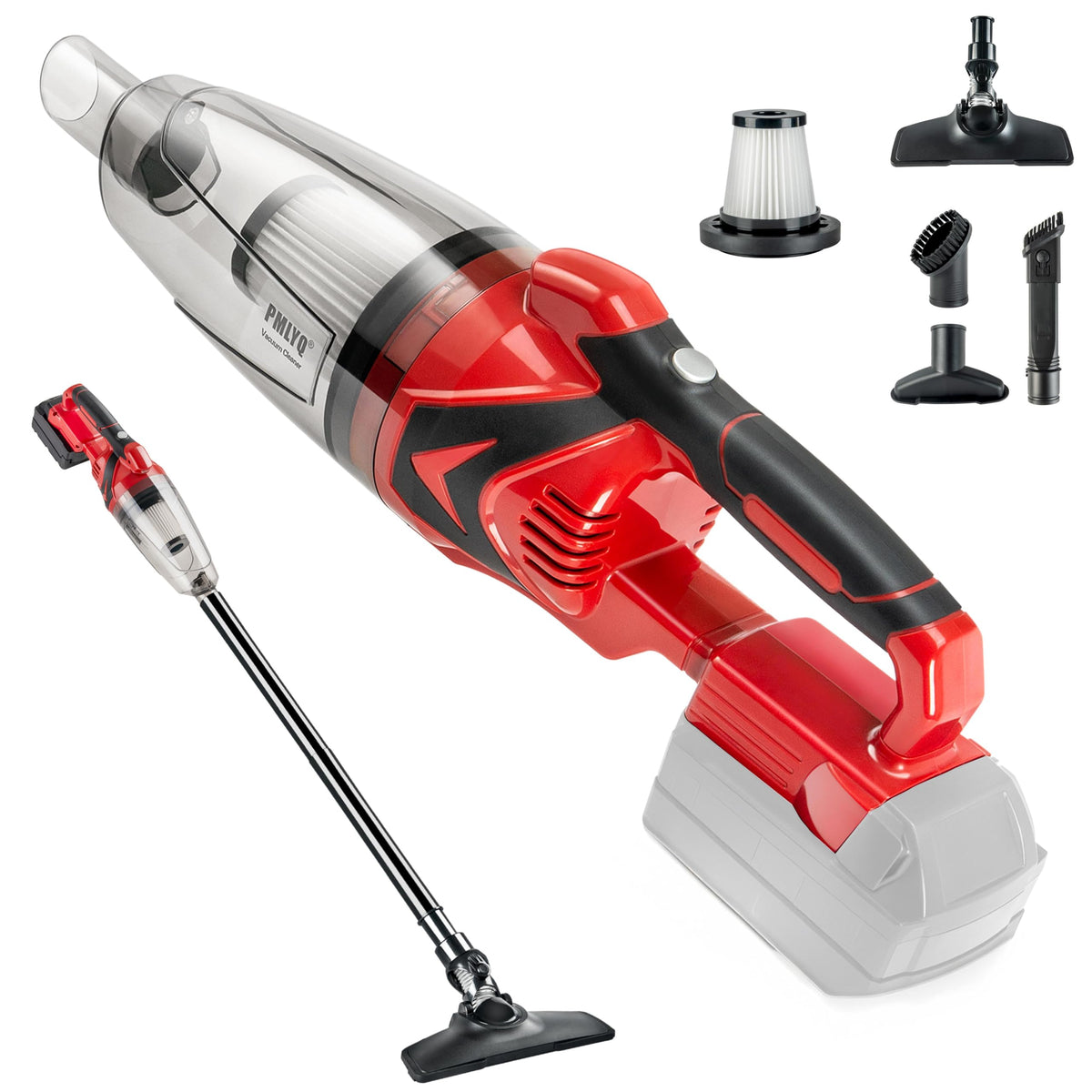 PMLYQ cordless vacuum showing M18 battery compatibility for flexible power options