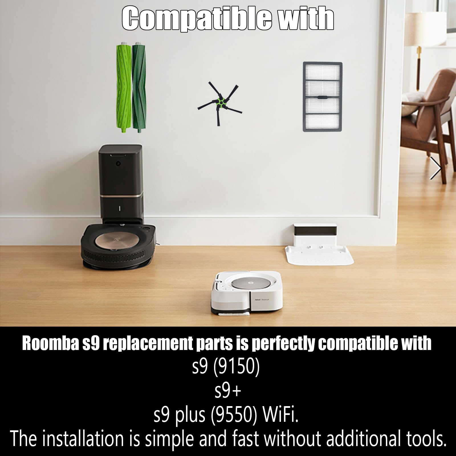Pmosata Roomba s9 edge-sweeping brushes clean along walls.