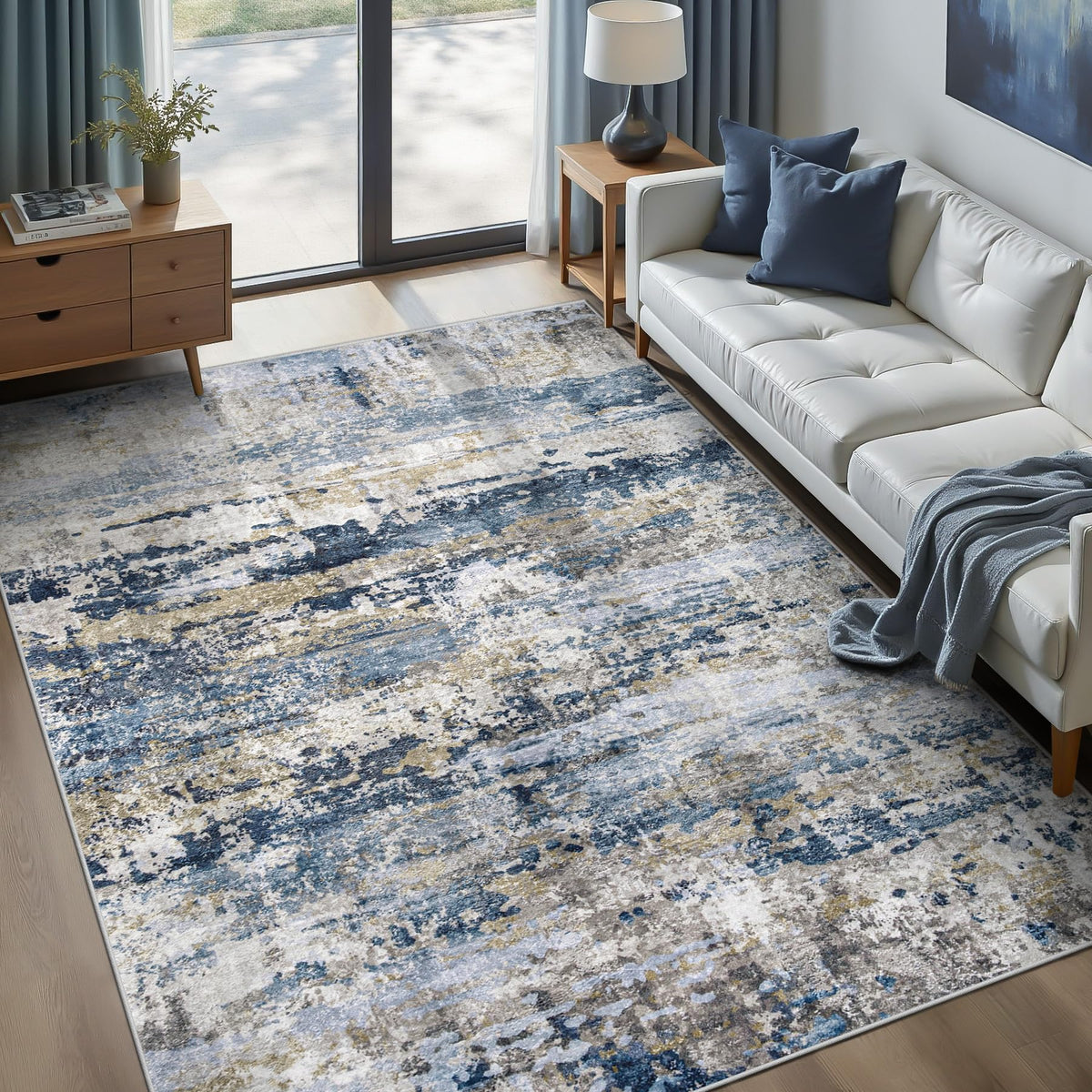 pmtsns area rug 6x9 in living room blue grey with versatile color for easy styling and cleaning