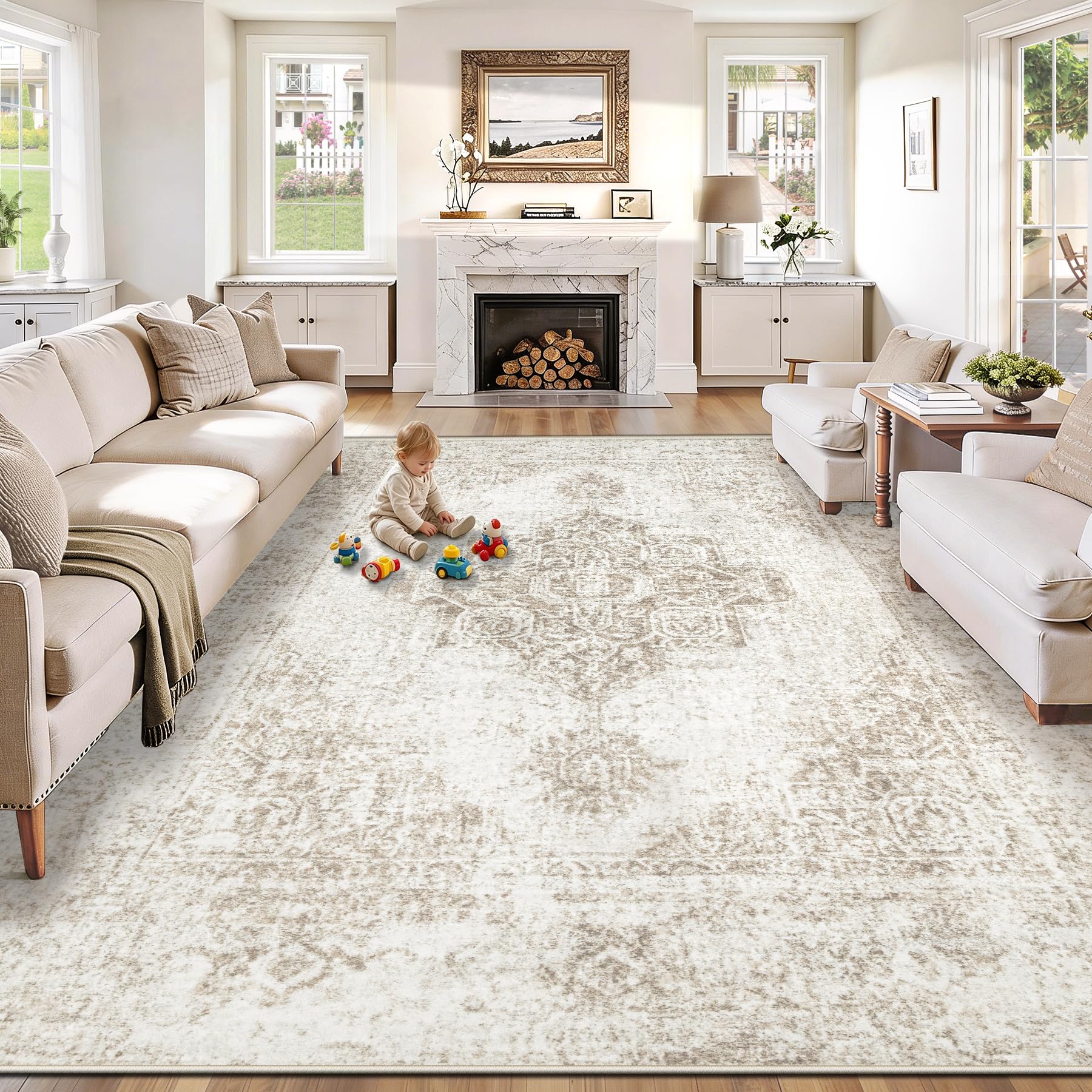 PMTSNS washable 8x10 rug with beige medallion for easy cleaning.