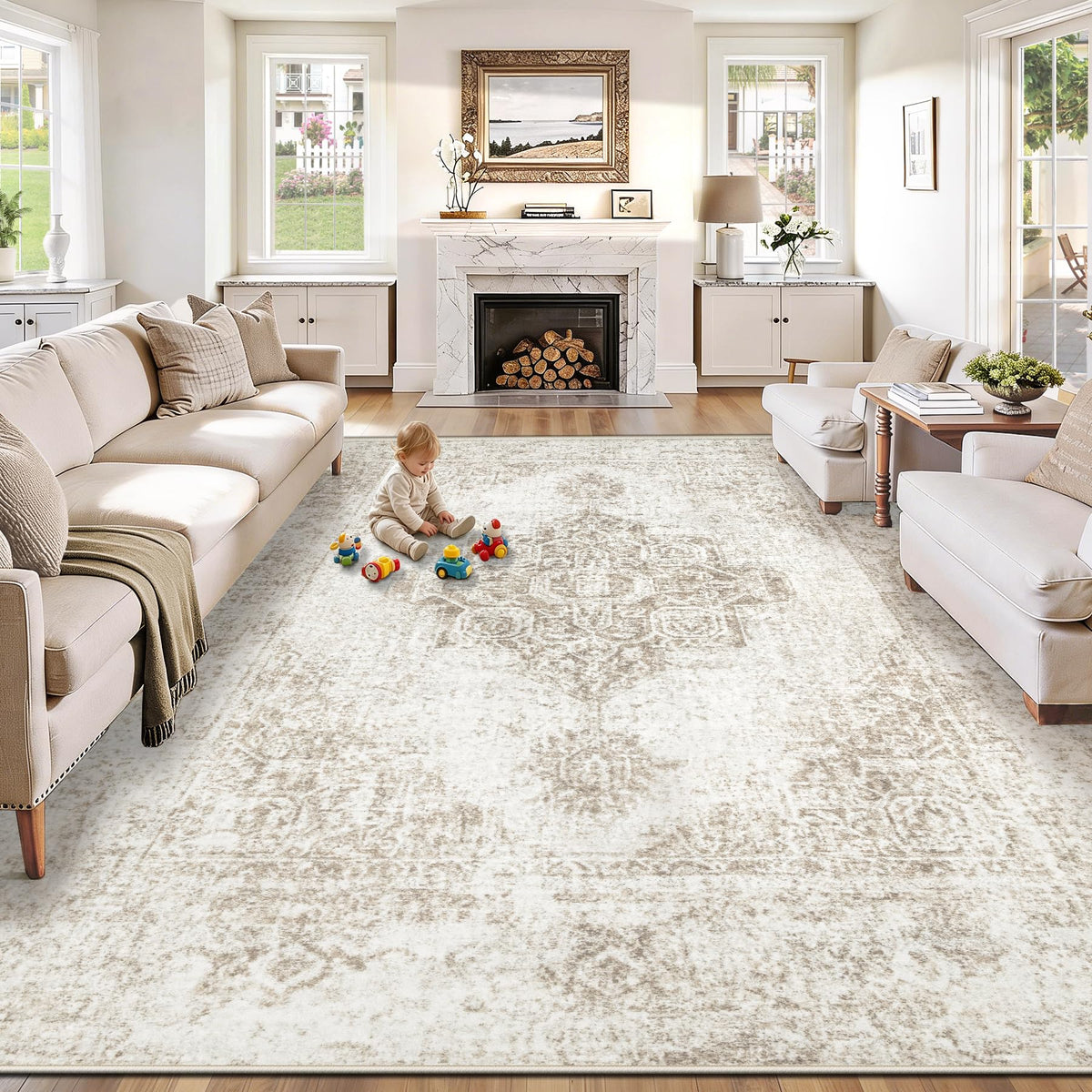 PMTSNS washable 8x10 rug with beige medallion for easy cleaning.