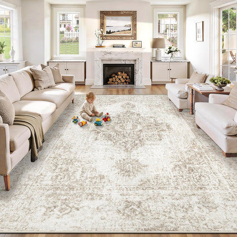 PMTSNS washable 8x10 rug with beige medallion for easy cleaning.