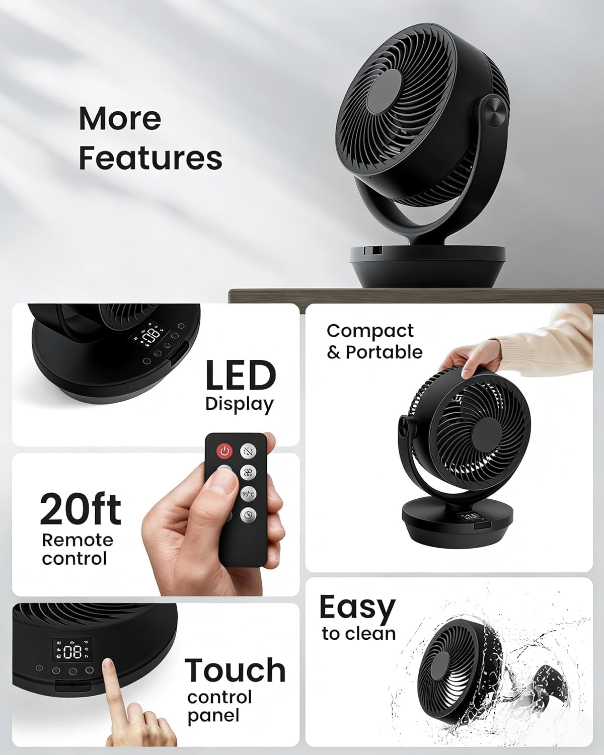PNTCK Air Circulator Fan detachable grilles shown for quick cleaning.