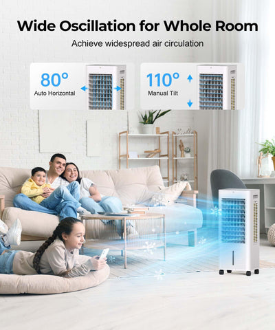 PNTCK portable air cooler with 2.1 gal tank for extended cooling sessions.