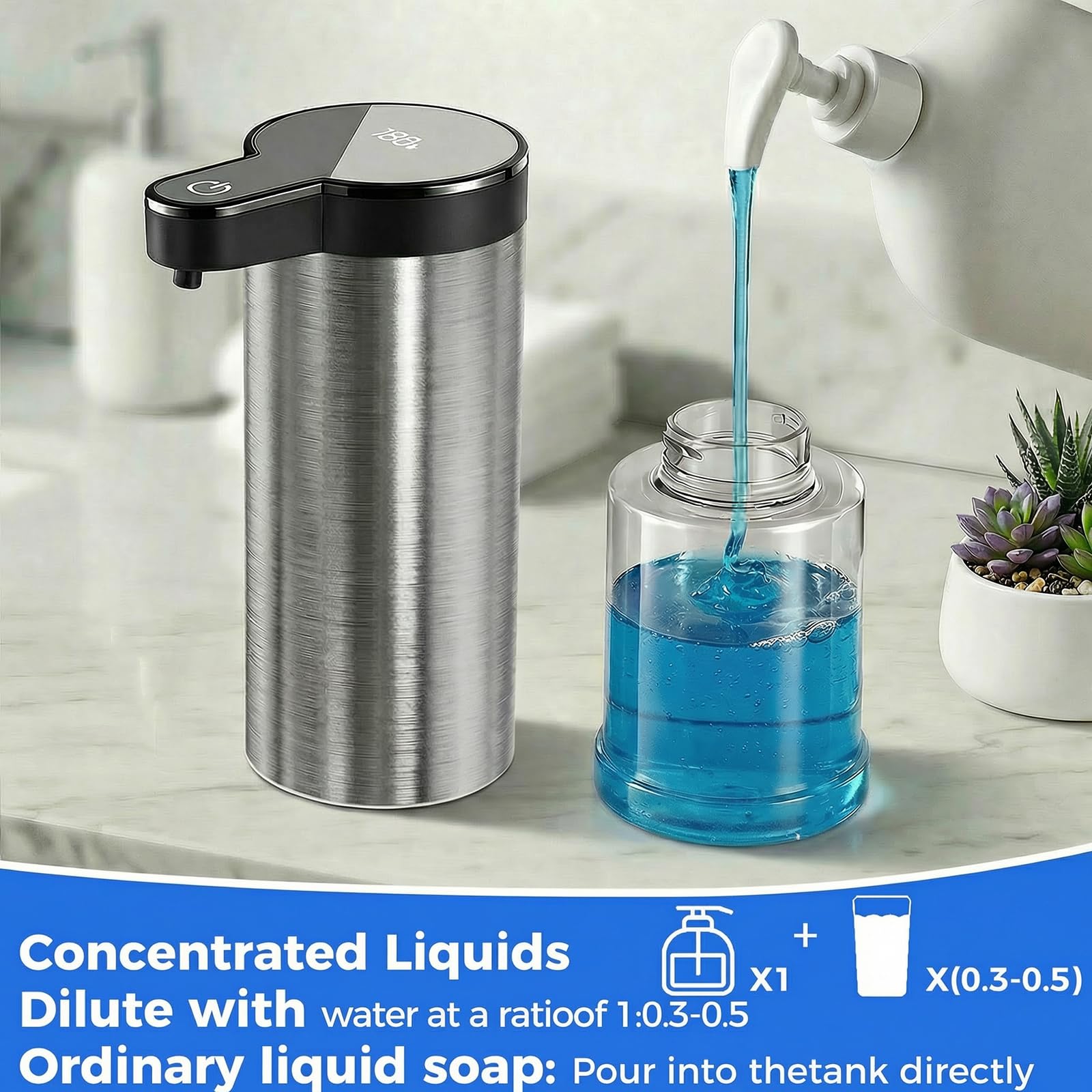 Poaoed four adjustable levels tailor soap output and reduce waste at the sink.